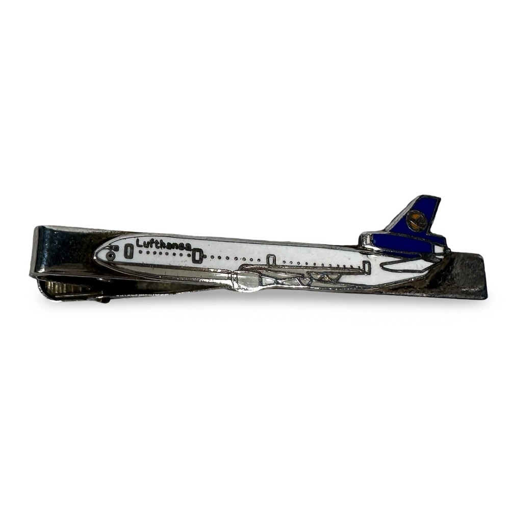 Vintage Lufthansa Airline Airplane Tie Clip Silver Tone Blue White Enamel Men